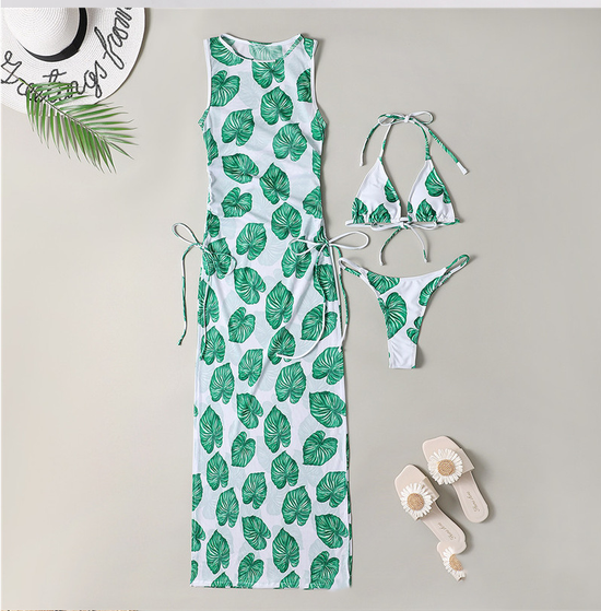 Bikini Swimwear Set, Solid Color Long Dress, Sexy Three-Piece Separated Swimsuit for Women 