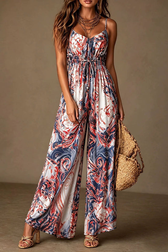 Printed camisole backless loose wide leg jumpsuit