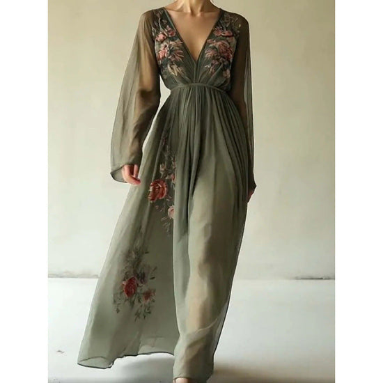 Printed long sleeved long collar dress long skirt 
