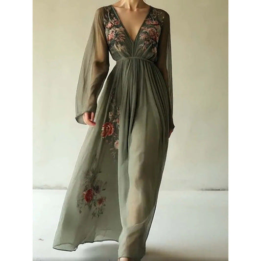 Printed long sleeved long collar dress long skirt 