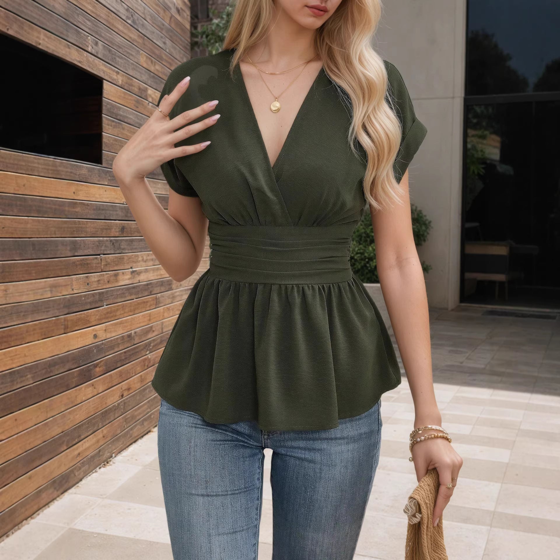 Solid Color V-Neck Fitted Waist Raglan Sleeve Pleated Hem T-Shirt Dress for Women 