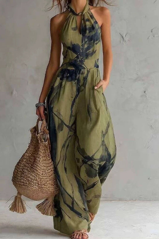 New halter backless jumpsuit, blue and white tie-dye wide-leg pants, summer beach women's wear 
