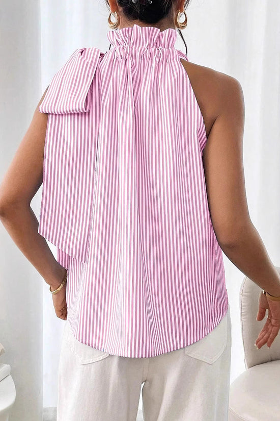 Fashionable Casual Sleeveless Striped Lace Trim High Neck Tie Knot T-Shirt Top 
