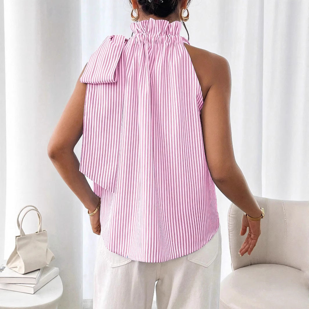 Fashionable Casual Sleeveless Striped Lace Trim High Neck Tie Knot T-Shirt Top 