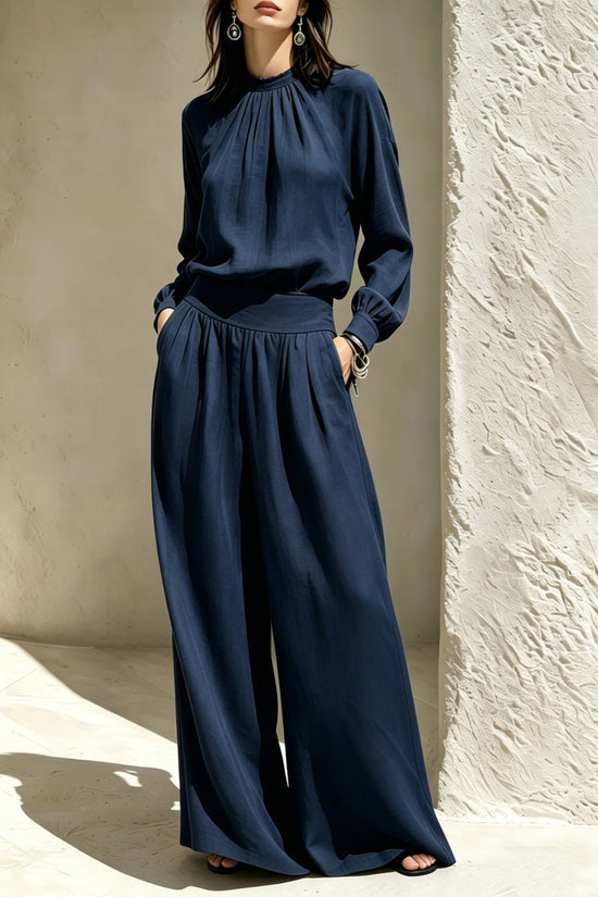 Casual Solid Color Long Sleeve Stand-up Collar Loose Fit Women's Fashion Set BlouseWide-leg Pants 