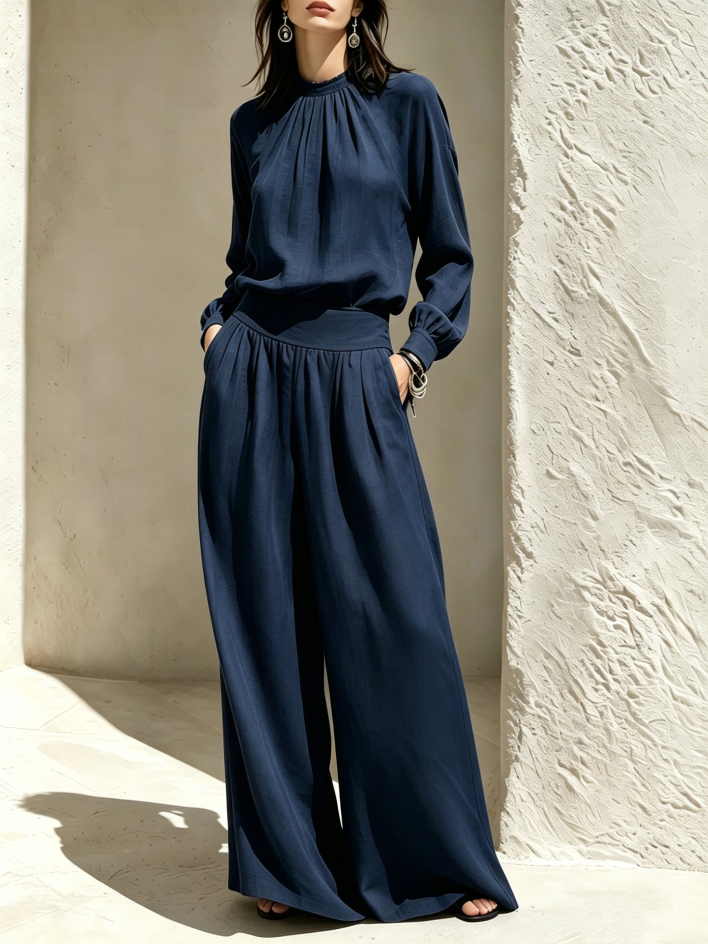 Casual Solid Color Long Sleeve Stand-up Collar Loose Fit Women's Fashion Set BlouseWide-leg Pants 