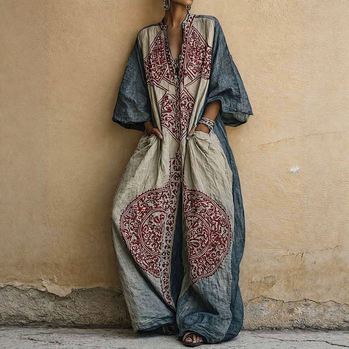 Printed Bohemian style wide leg jumpsuit for women 