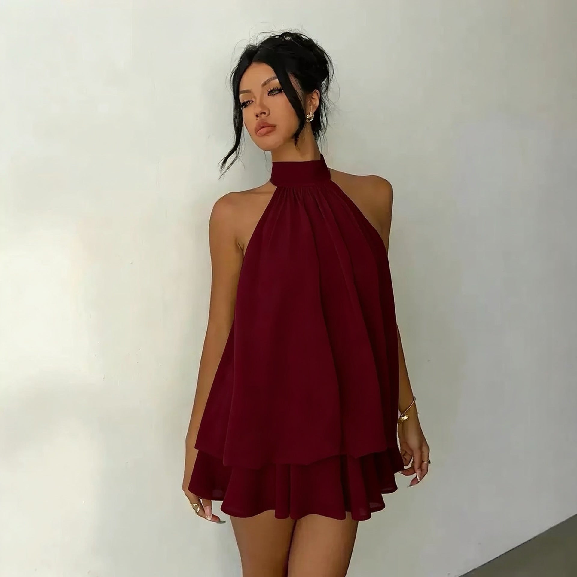Women's vacation fitted sexy backless halter neck tie-waist dress with puffy short skirt 