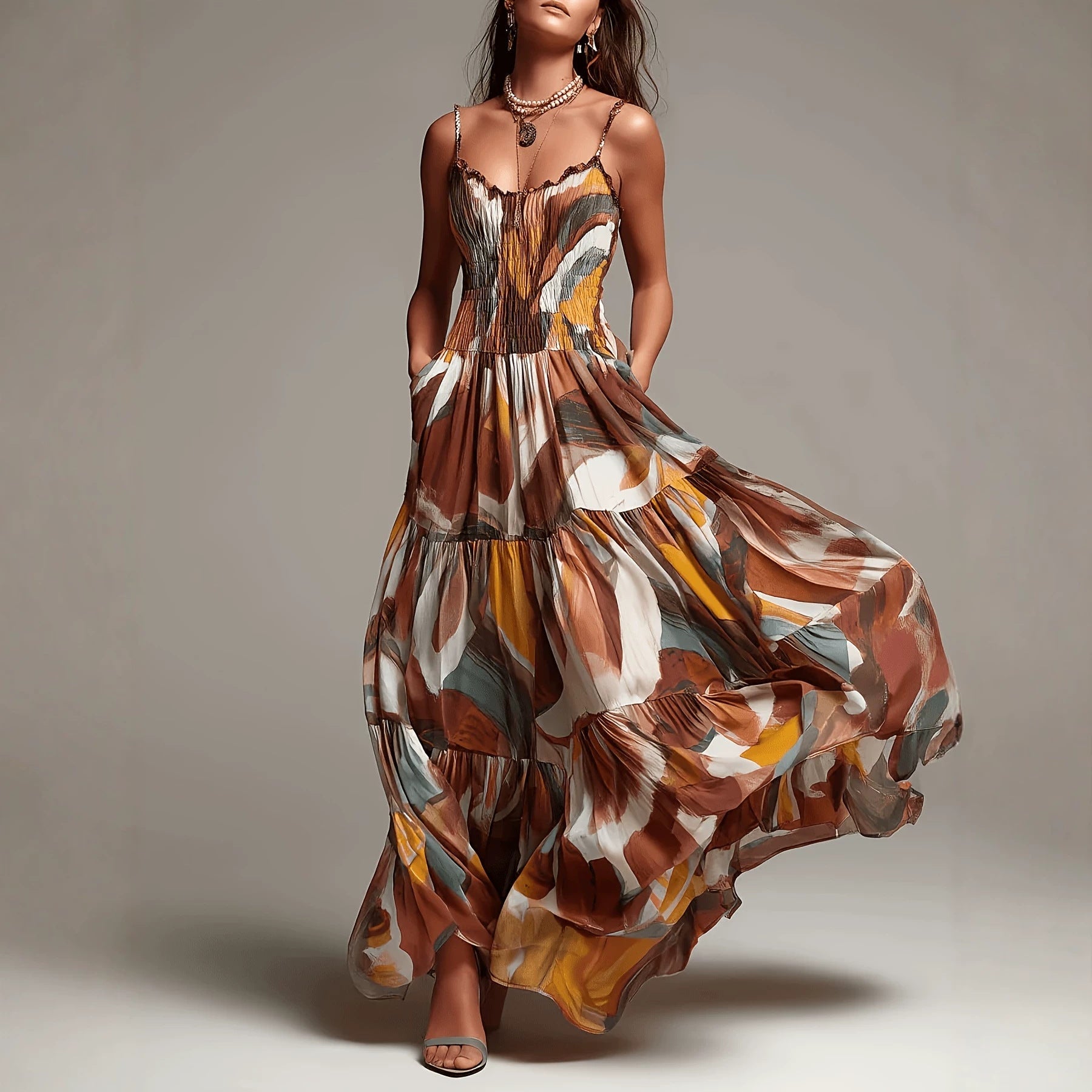 Thin shoulder strap pleated waist pocket dress 