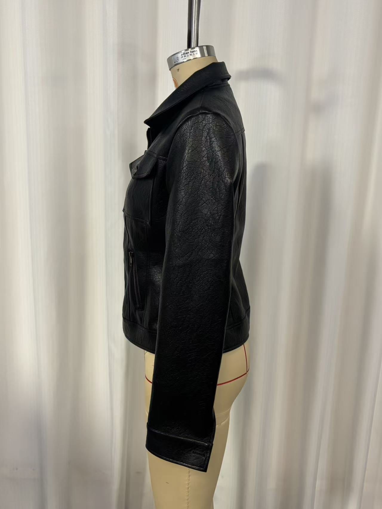 Vintage Washed PU Leather Biker Jacket | Slim Fit Moto Zip | Black 