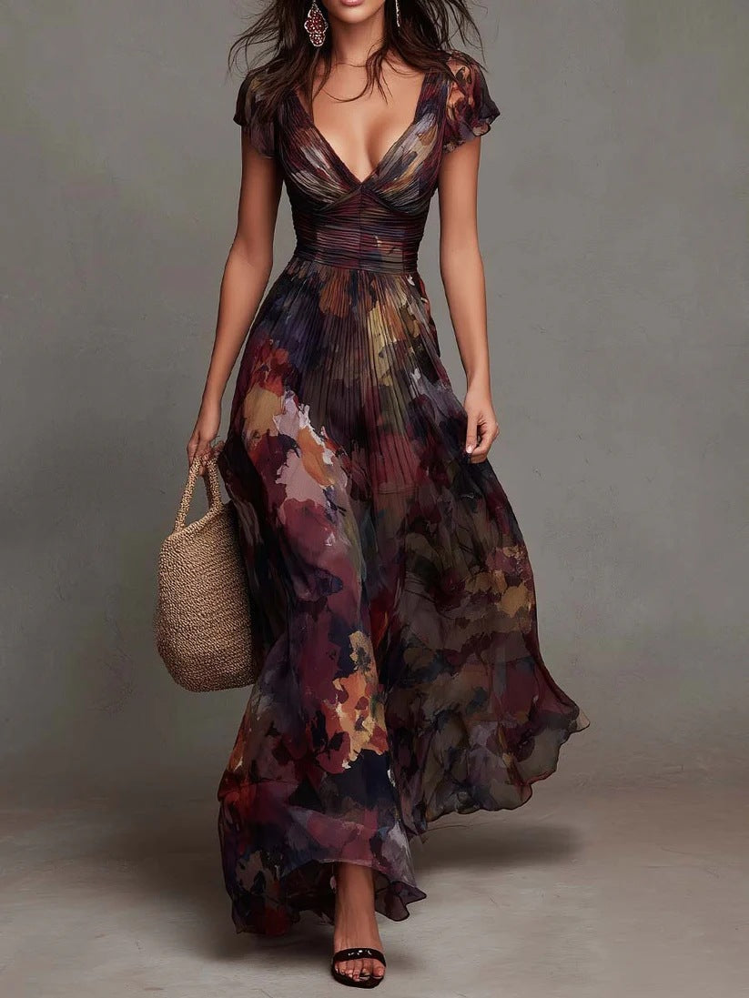 Elegant Deep V-Neck Painted Print Fitted Waist Flowy Chiffon Maxi Dress 