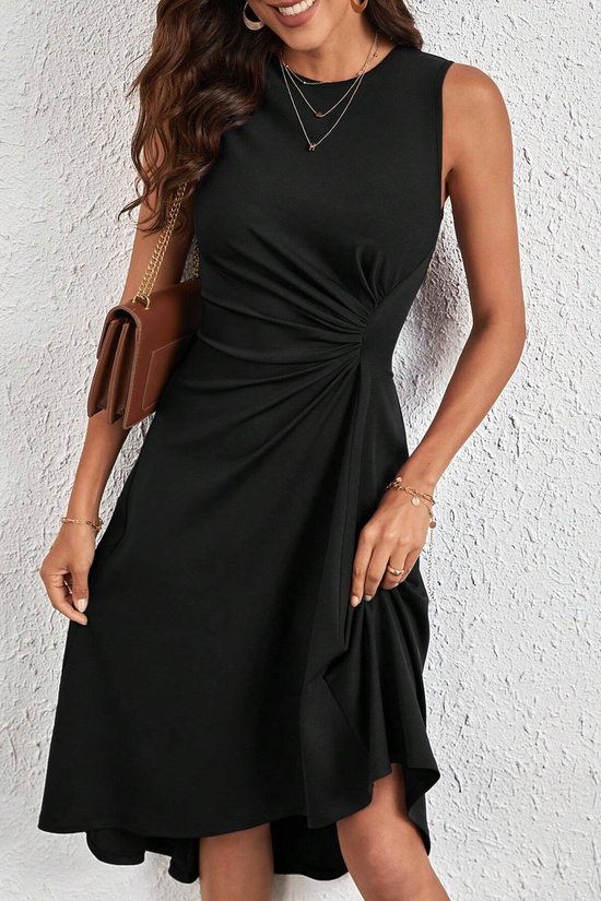 Solid Color Split Hem Fitted Long Sleeve Round Neck Dress 