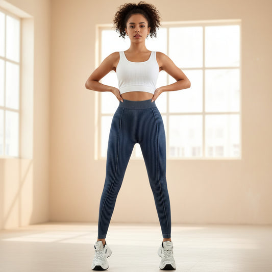 Back V Waist Peach Butt Sand Wash Yoga Pants for Women, Ribbed High Waist Lift-Up Fitness Tights 