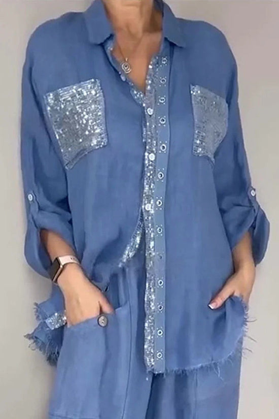 New Fashion Casual Women's Set with Pocket Placket and Gold Embellished Round Neck Design 