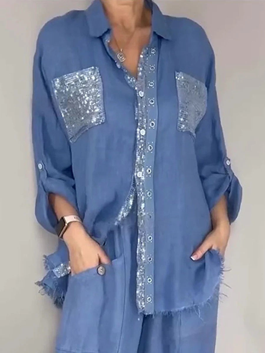 New Fashion Casual Women's Set with Pocket Placket and Gold Embellished Round Neck Design 