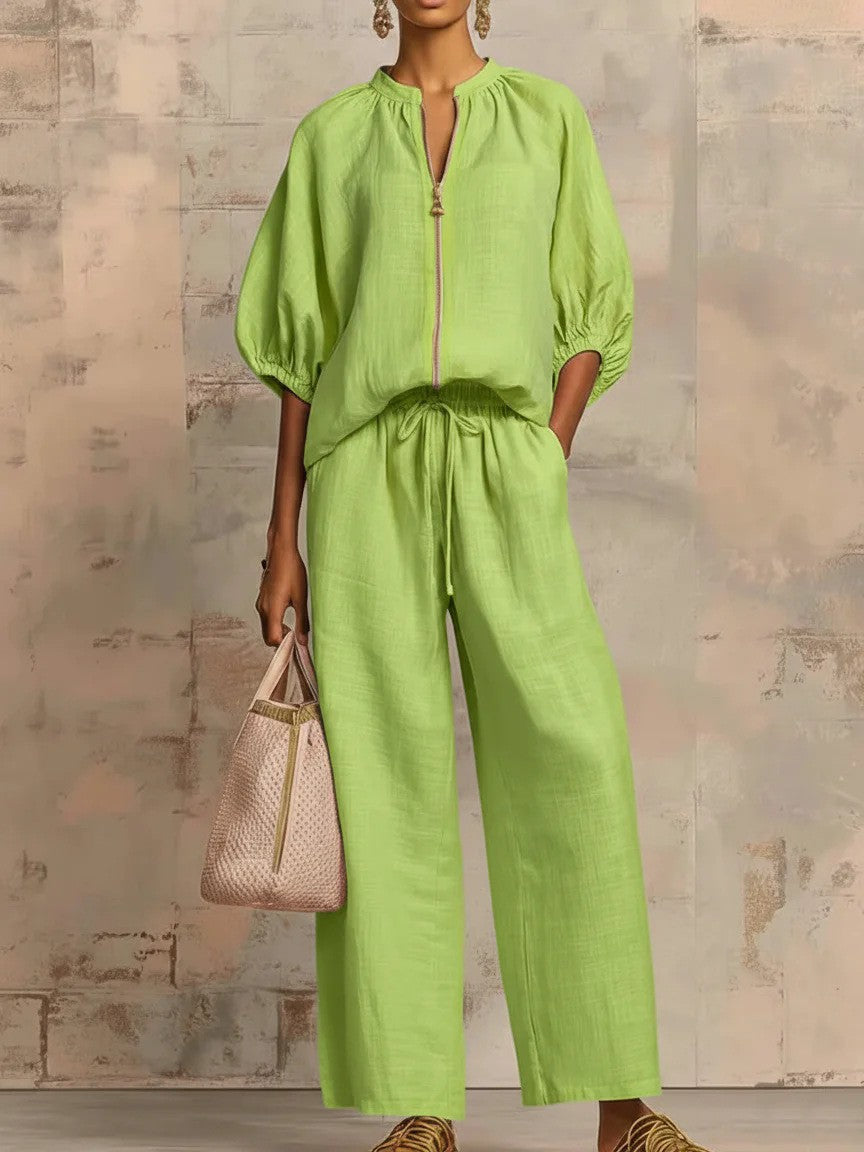 Summer Women's Casual Loose Solid Color Zipper Round Neck Wide Leg Pants Set 