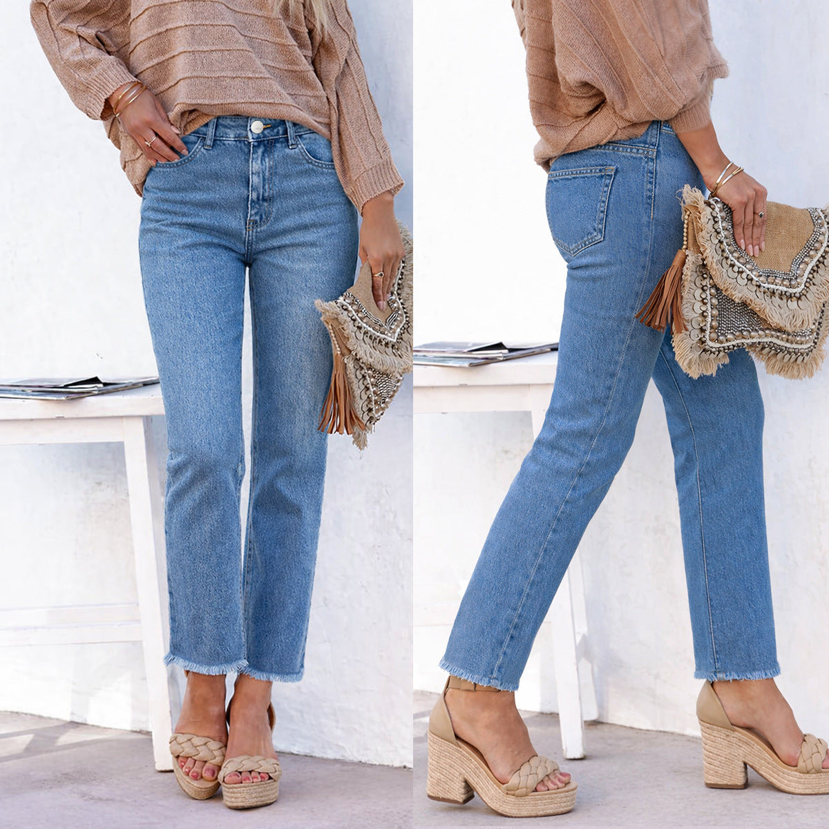 Straight Leg Ankle-Length White Raw Hem Denim Pants T Casual Wear 