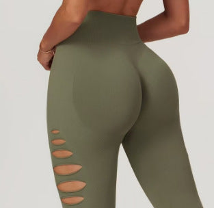Style High Elastic Side Cut-Out Seamless Knit Butt-Lifting Fitness Pants Women High Waist Slim Yoga Pants Running Sports Long Pants 