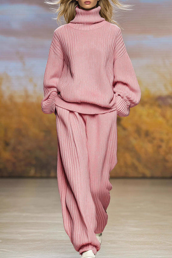 Casual Knit Loose High Neck Wide Leg Pants Set 