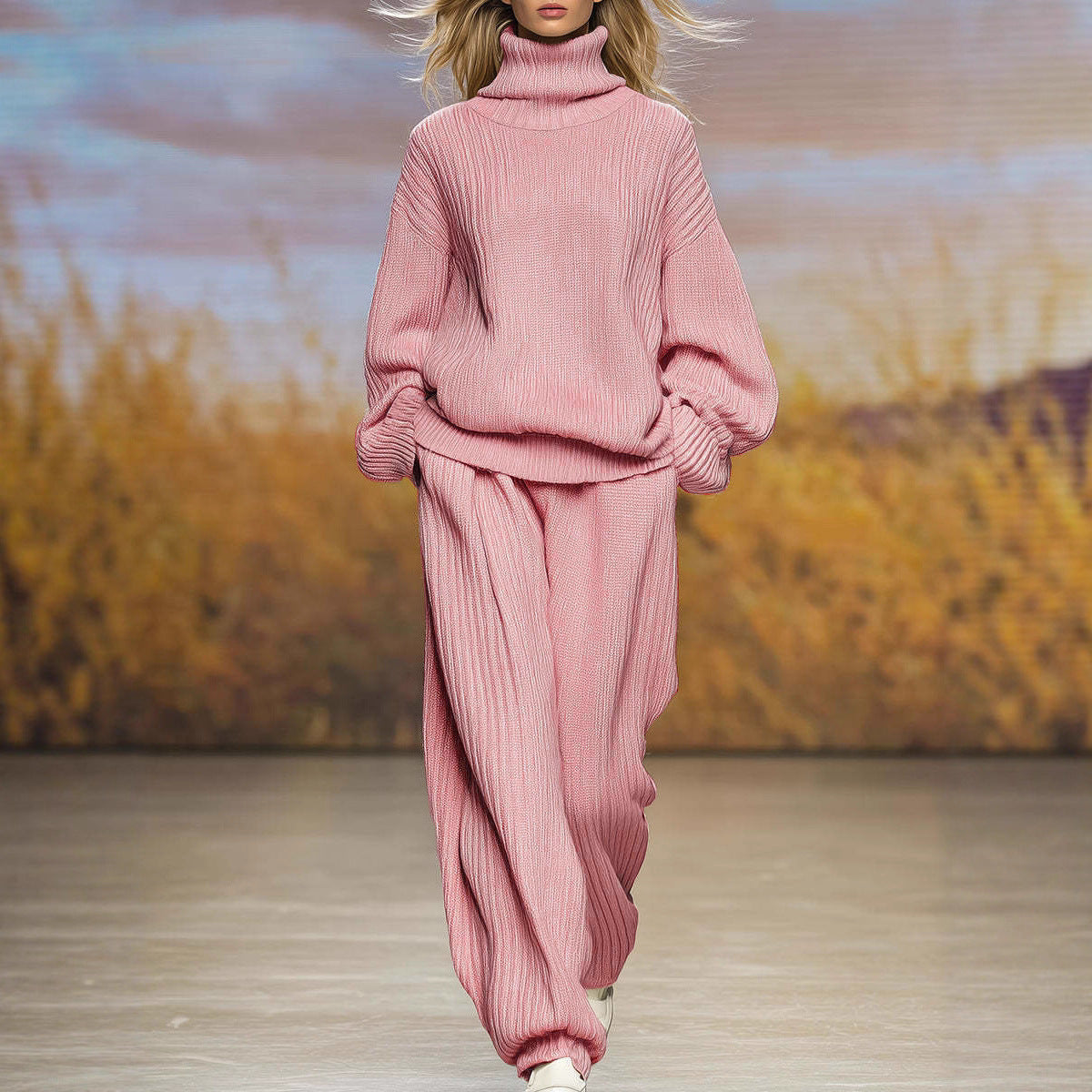 Casual Knit Loose High Neck Wide Leg Pants Set 