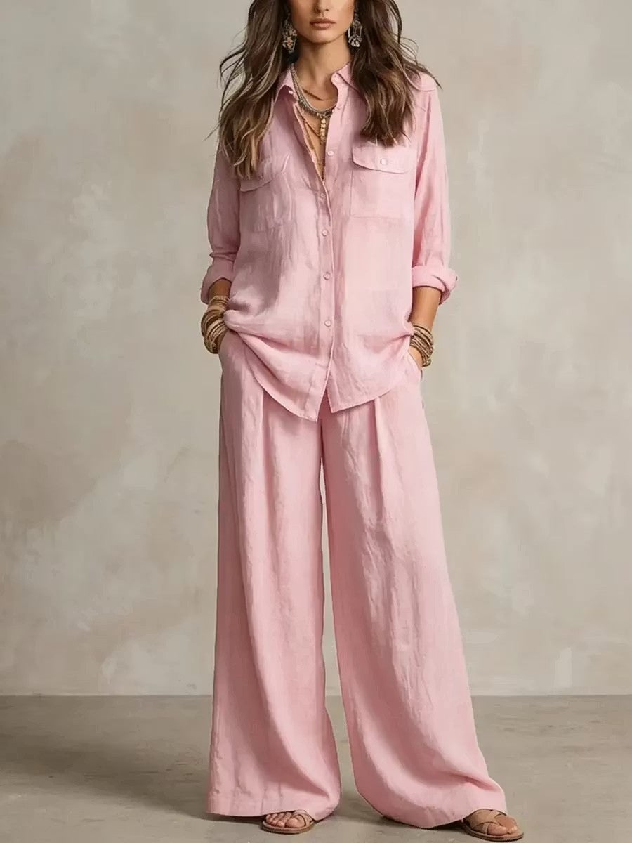 Chic Linen Set for Women, Breathable Lightweight Long Sleeve Shirt with Drapey Wide-Leg Pants, Vacation Style Casual Outfit 