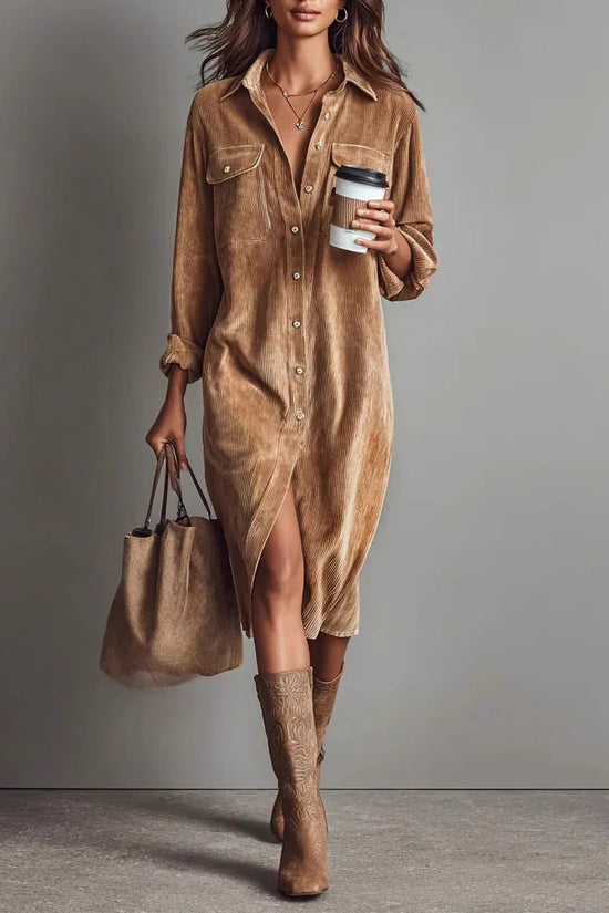 Classic Solid Color Corduroy Long Sleeve Turn-down Collar Shirt Loose Long Dress 