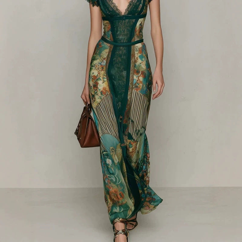 Vintage Emerald Green Lace V-Neck Short Sleeve Patchwork Oil Painting Print Fitted Flared Vacation Fish Tail Long Dress 