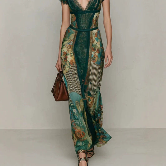 Vintage Emerald Green Lace V-Neck Short Sleeve Patchwork Oil Painting Print Fitted Flared Vacation Fish Tail Long Dress 