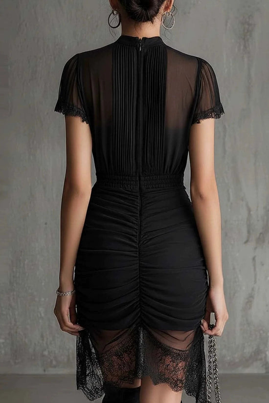 New European black see through lace patchwork dress, slim and tall, slit skirt with lace 