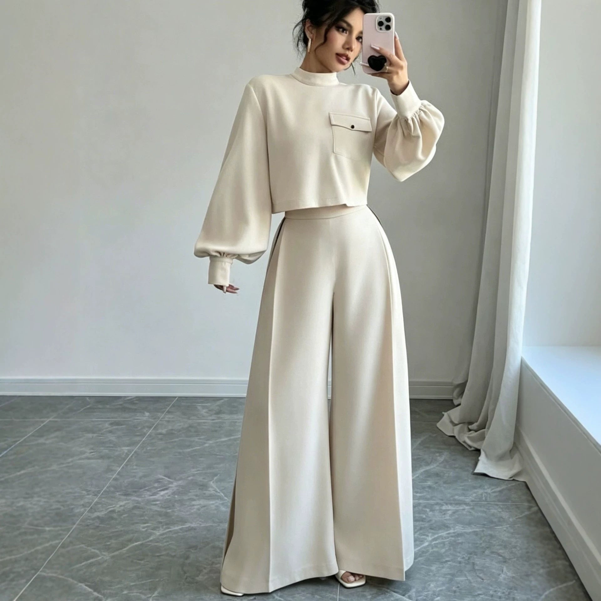 Solid color wide leg pants set for women 