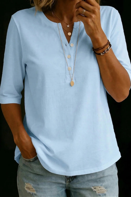Classic Henley Neck Style Spring Summer New Women's Solid Color Button-Up Top 