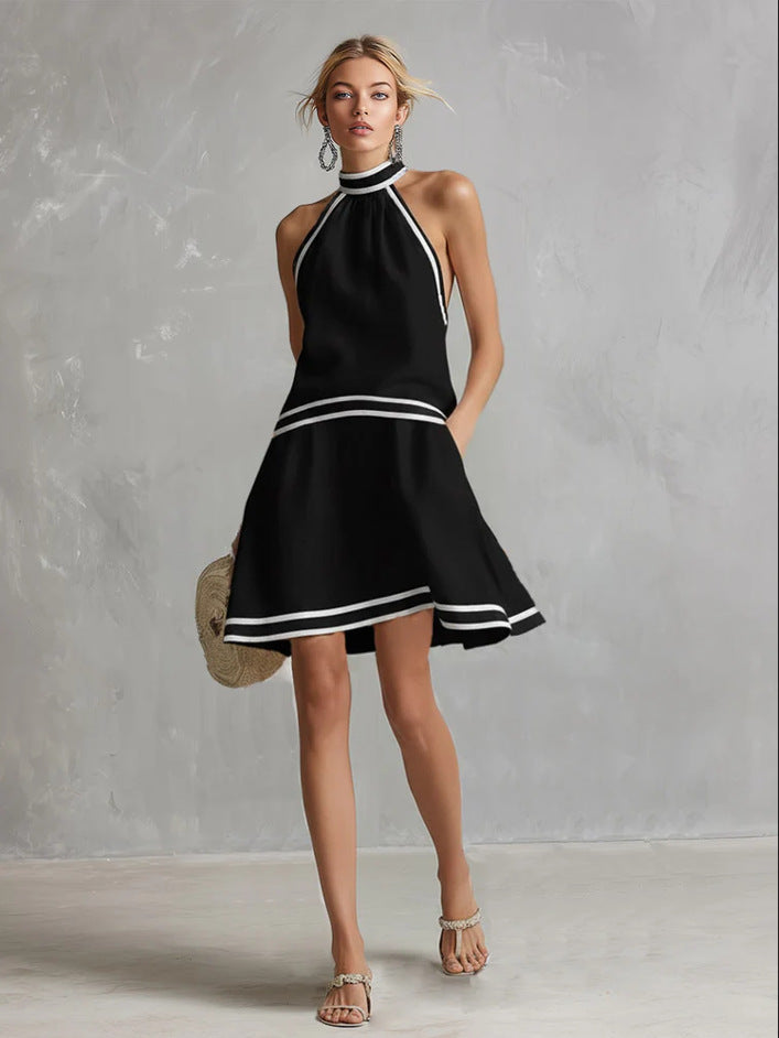 Choker Neck Fashion Short Dress with Striped Trim, Comfortable Sleeveless Fitted Dress 