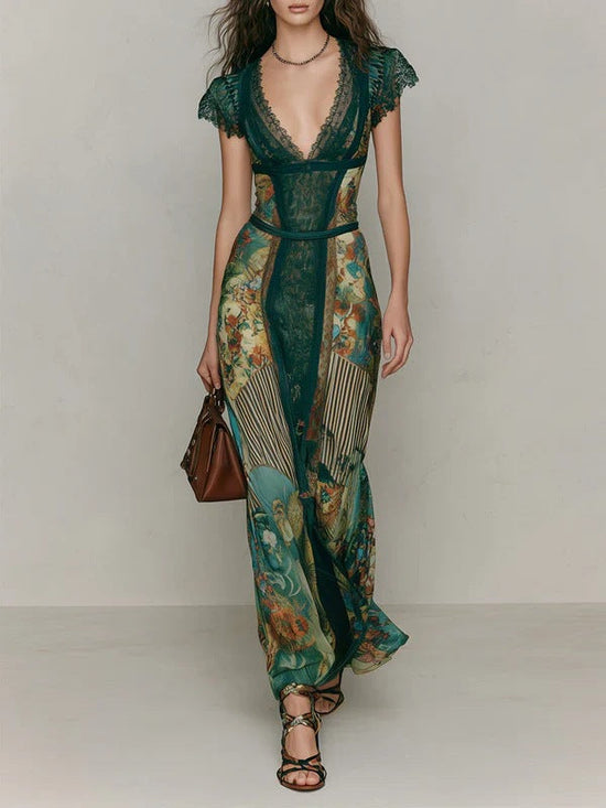 Vintage Emerald Green Lace V-Neck Short Sleeve Patchwork Oil Painting Print Fitted Flared Vacation Fish Tail Long Dress 