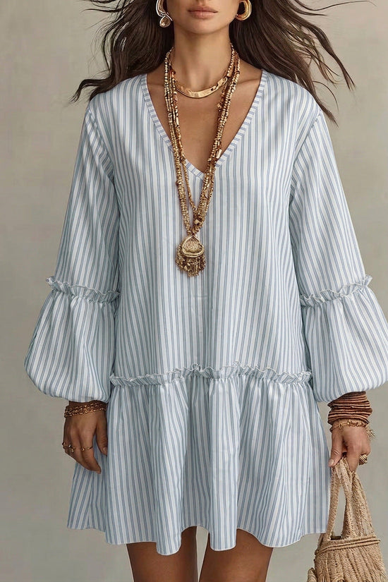 Style Autumn New Women's Long Sleeve Dress Stripe Print V-Neck Lantern Sleeve Loose Mini Dress 