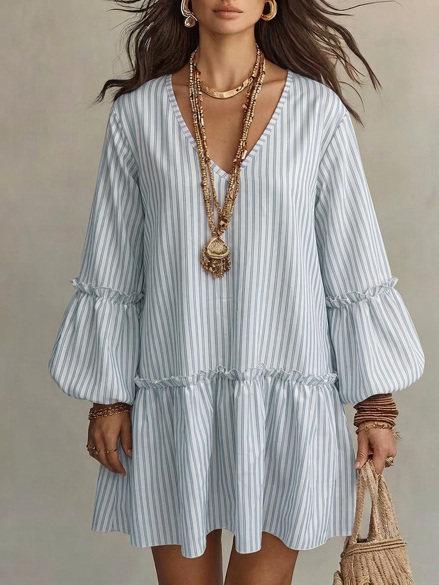 Style Autumn New Women's Long Sleeve Dress Stripe Print V-Neck Lantern Sleeve Loose Mini Dress 