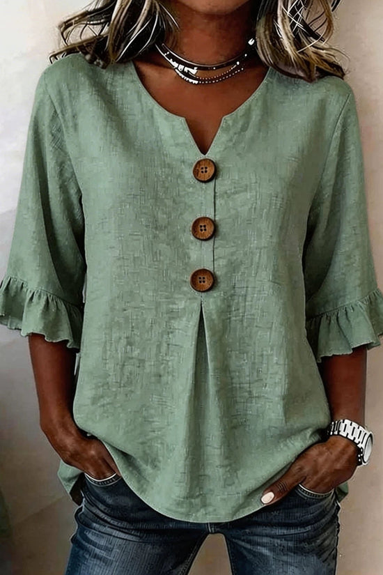 Fashionable Cotton Linen V-Neck Button-Up Blouse for Women Summer Casual Top 