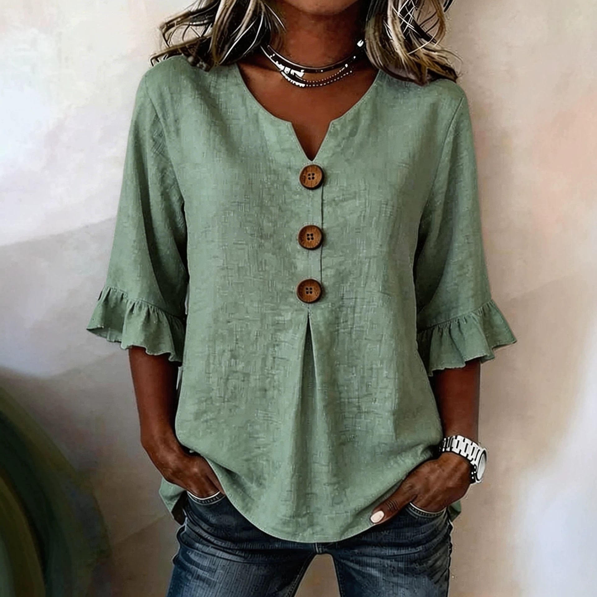 Fashionable Cotton Linen V-Neck Button-Up Blouse for Women Summer Casual Top 