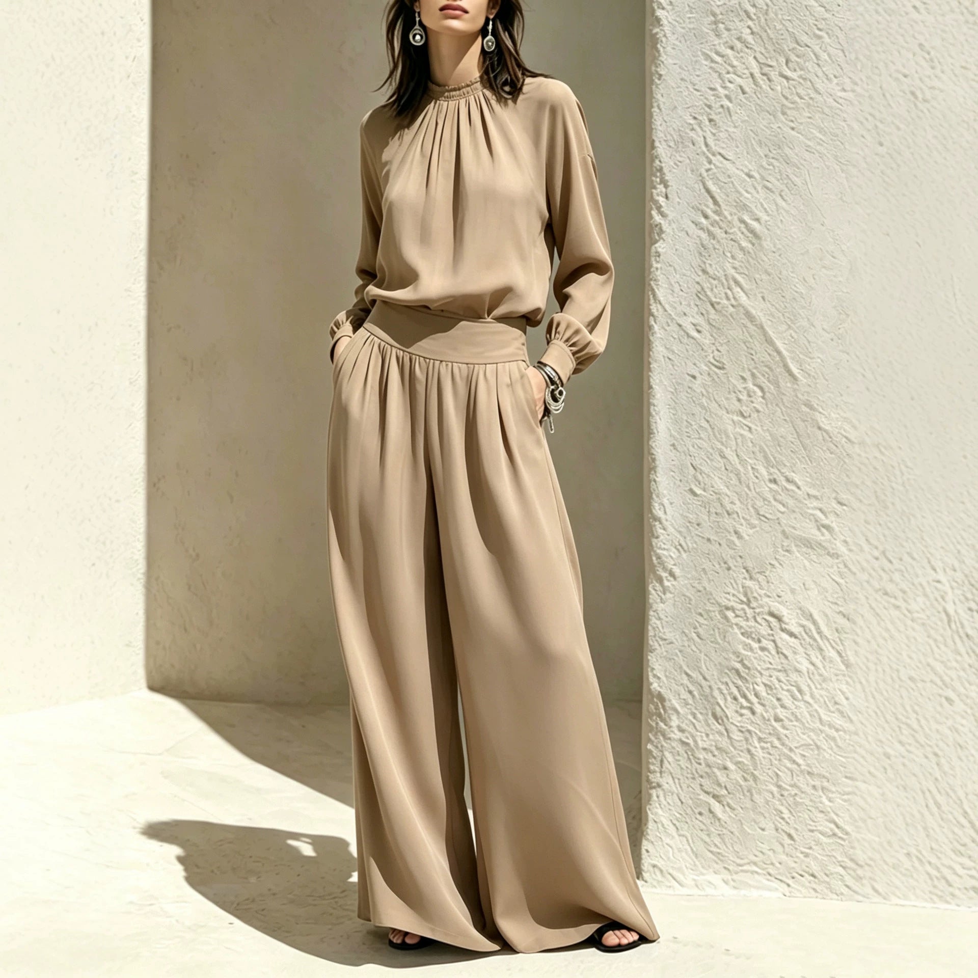 Casual Solid Color Long Sleeve Stand-up Collar Loose Fit Women's Fashion Set BlouseWide-leg Pants 