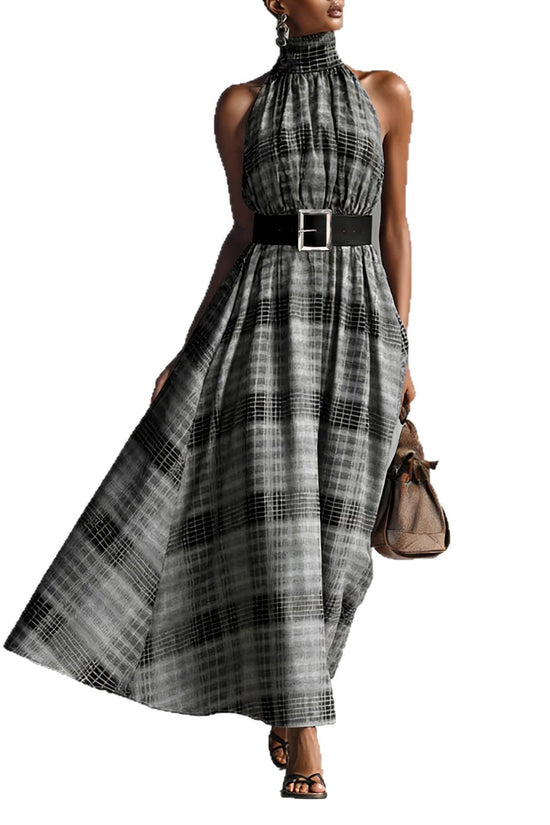 Sleeveless plaid high waisted lace up A-line long skirt 