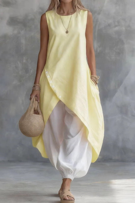 Solid Color Sleeveless Loose Pocketed Mid-Length Dress Set 