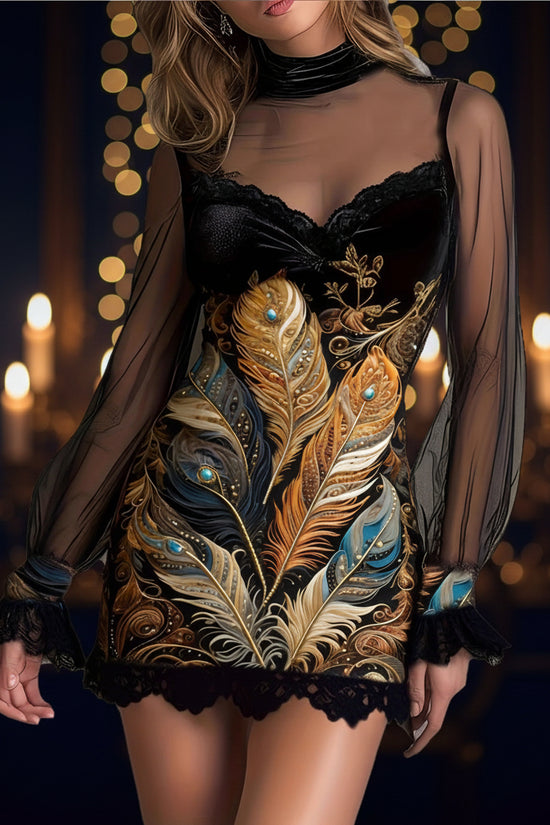 Sexy Lace Trim Patchwork Dress with Elegant Printed Tulle Design Fitted Mini Dress 