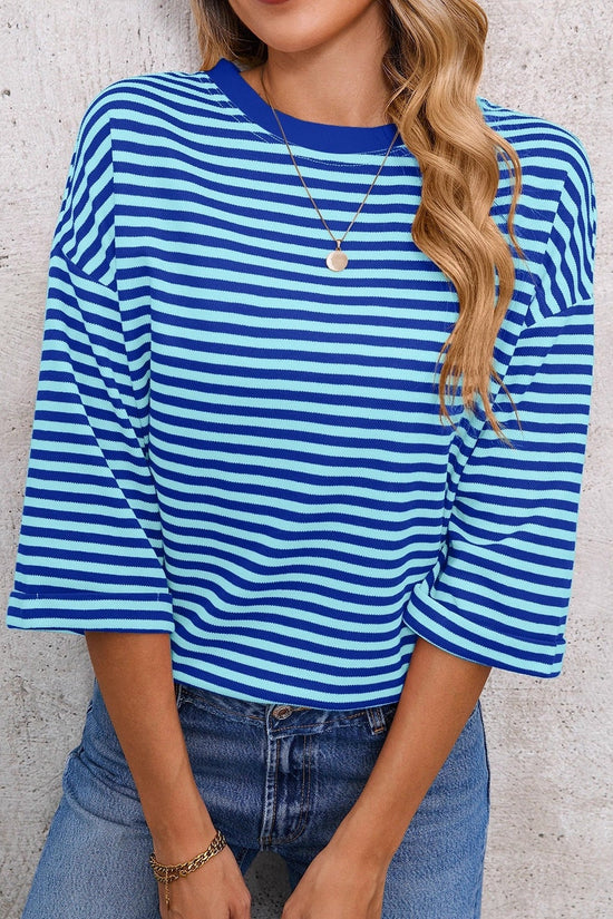 Round neck striped back tie bow pullover top 