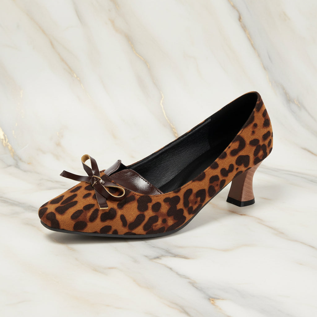 Leopard print square toe high-heeled women's retro shallow bow single shoes Made to order, ships in 7 days 