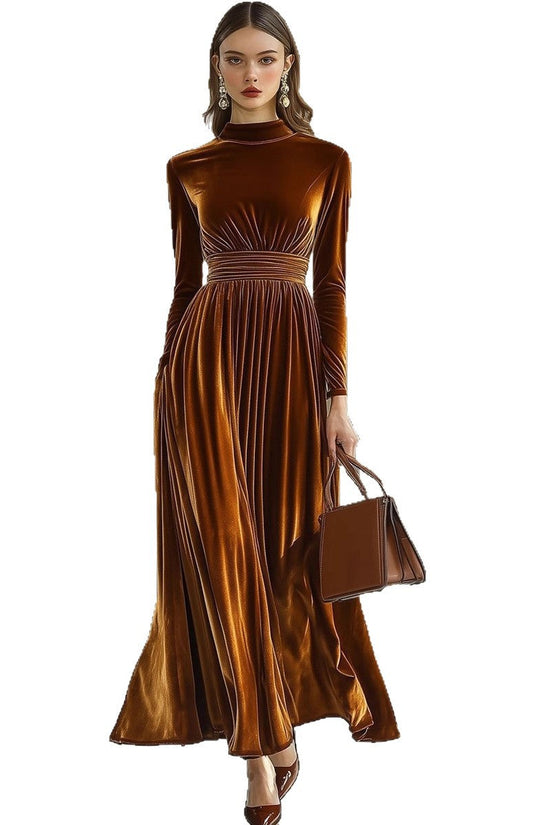 Women's New Autumn/Winter Velvet Long Sleeve Dress, Waist-Cinching Slimming Elegant Maxi Skirt, Graceful Style 