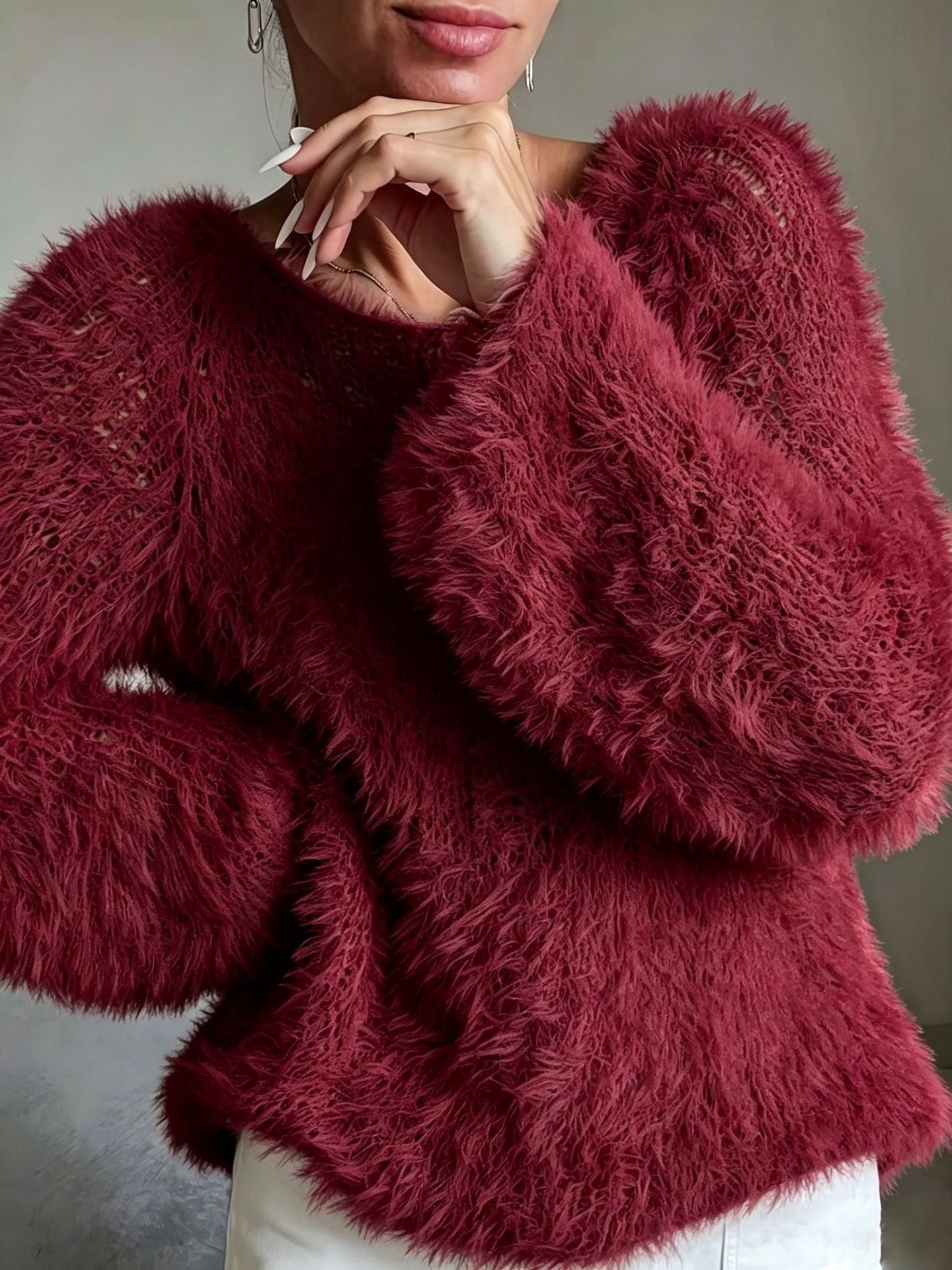Women's macaron round neck fluffy solid color long sleeved fur top 