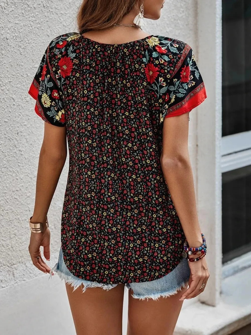 Printed Tie Neck Short Sleeve Blouse 