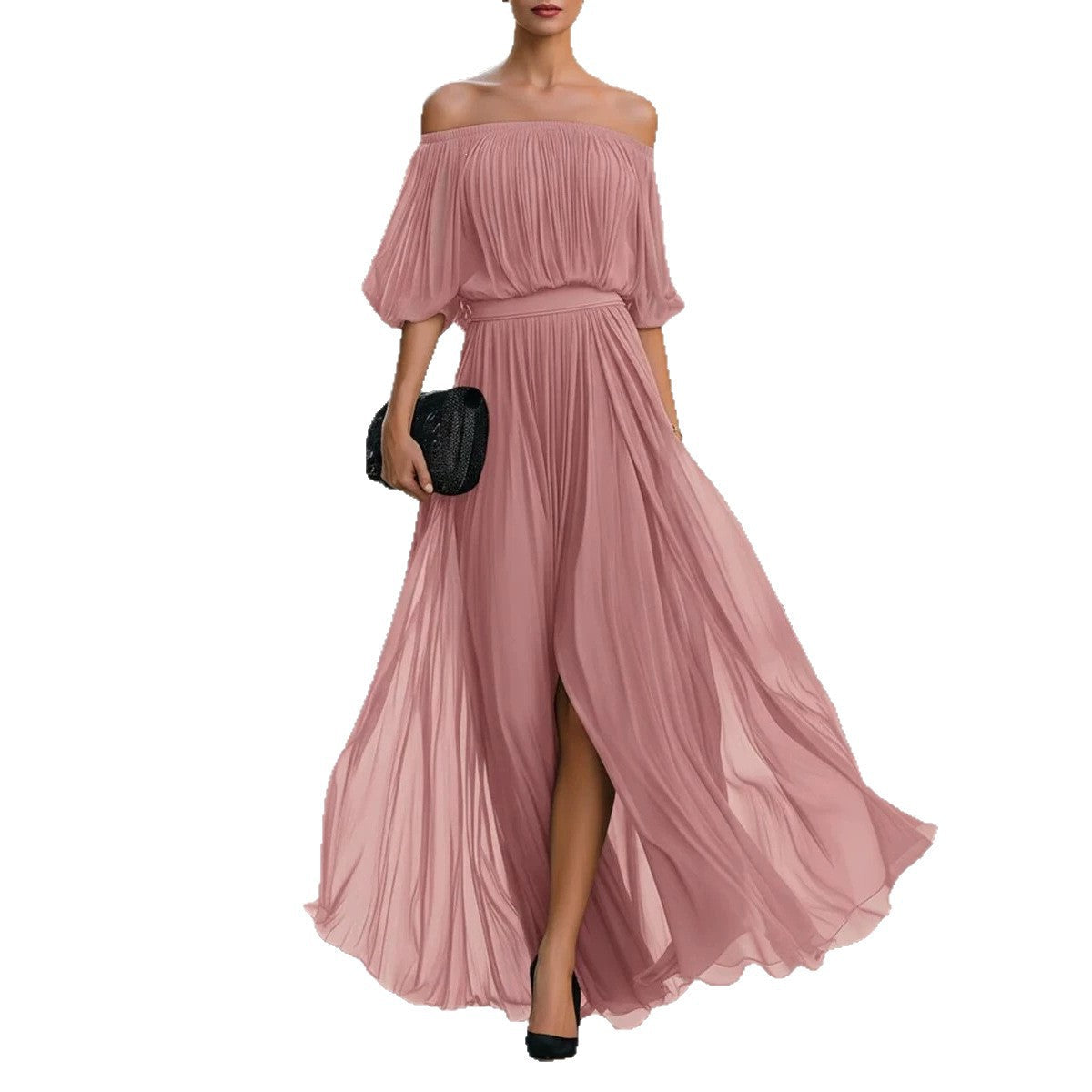 New Black Chiffon Maxi Dress with Split, One-Shoulder Design, Flowing and Draping Skirt 