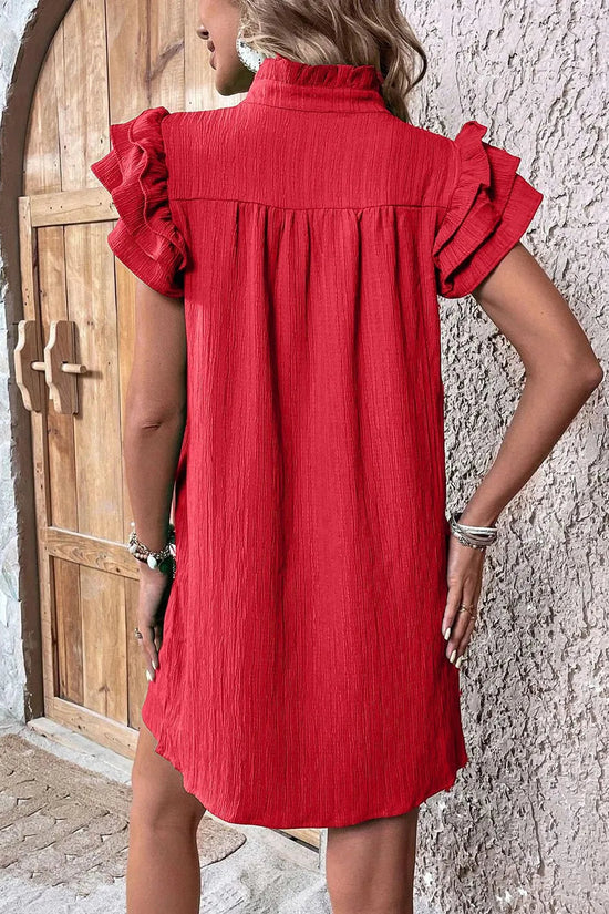Ruffled Notched Cap Sleeve Mini Dress 