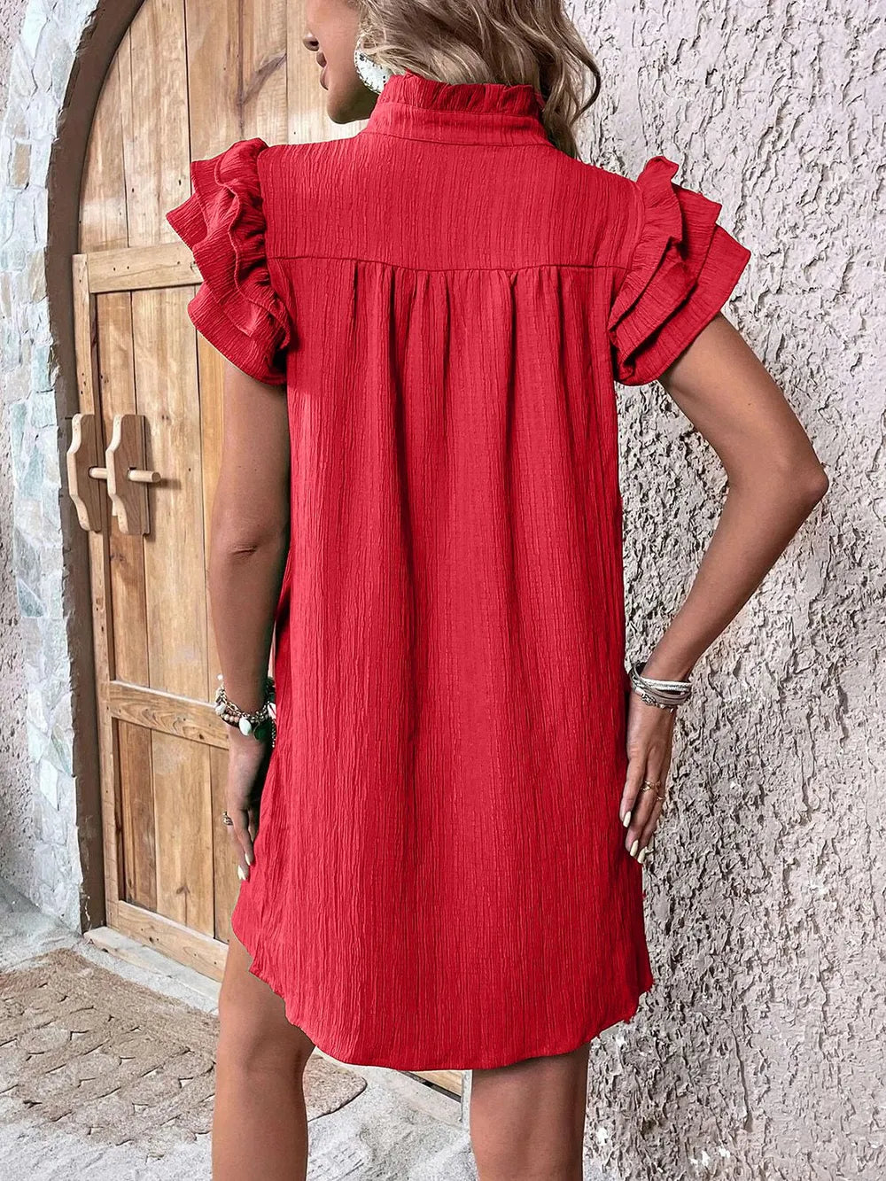 Ruffled Notched Cap Sleeve Mini Dress 