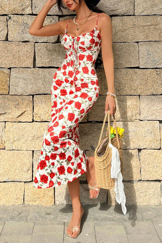 Romantic Vintage Beach Vacation Style Tie-Waist Floral Wrap Bodice Fitted Long Strap Dress 
